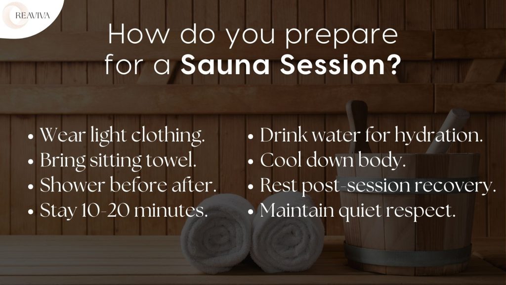 Infographic by Reaviva on preparing for a sauna session, listing tips such as wearing light clothing, bringing a sitting towel, showering before and after, staying 10-20 minutes, drinking water for hydration, cooling down, resting post-session, and maintaining quiet respect, with a wooden sauna background.