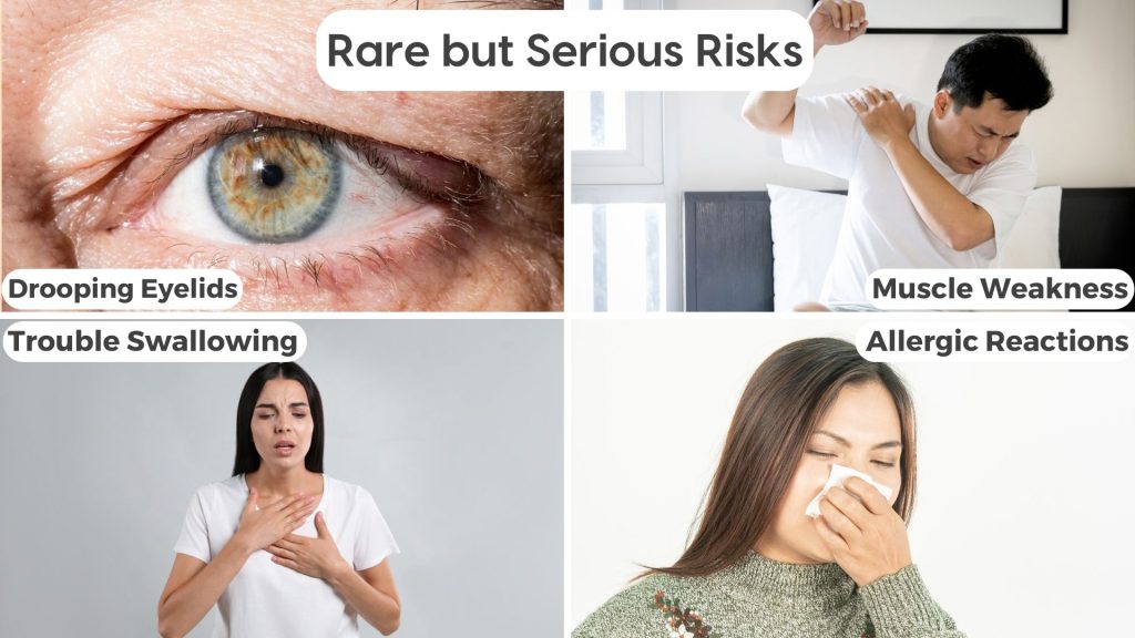 An infographic titled 'Rare but Serious Risks' of Botox, featuring images illustrating potential side effects such as drooping eyelids, muscle weakness, trouble swallowing, and allergic reactions, accompanied by corresponding labels for each risk.