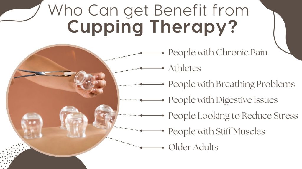 Glass cups for cupping therapy with a hand preparing for treatment, listing benefits for people with chronic pain, athletes, breathing problems, stress, and older adults.