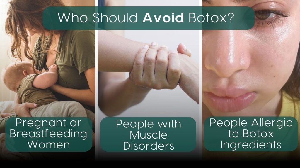 An infographic titled 'Who Should Avoid Botox?' highlighting groups of people who should avoid Botox or consult a doctor, including pregnant or breastfeeding women, individuals with muscle disorders, and people allergic to Botox ingredients, illustrated with relevant visuals for each category.