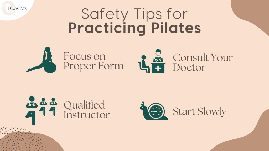 Safety Tips for Practicing Pilates: A detailed infographic highlighting essential safety measures for Pilates, including focusing on proper form, consulting a doctor before starting, working with a qualified instructor, and starting slowly. Visual icons represent each tip, providing a clear and accessible guide for safe Pilates practices.
