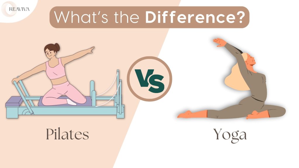What is the difference between Pilates and Yoga? An infographic comparing Pilates, illustrated with a reformer machine focusing on strength and precision, versus Yoga, depicted with a pose highlighting flexibility and mindfulness. This visual explains the contrasting goals and techniques of these two practices, targeting their respective benefits for physical and mental wellness.