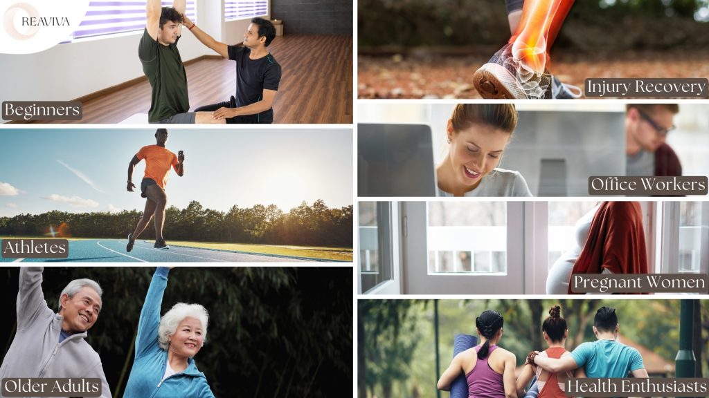 Who Can Practice Pilates? A visual representation showcasing diverse groups who benefit from Pilates, including beginners, athletes, office workers, pregnant women, older adults, individuals recovering from injuries, and health enthusiasts. Each section features contextual imagery emphasizing Pilates' adaptability for various fitness levels and needs.