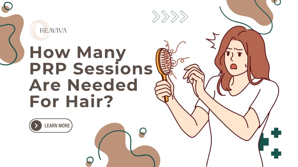 Illustration of a worried woman holding a hairbrush with excessive hair shedding, highlighting concerns about hair loss and PRP treatment. The text asks, 'How Many PRP Sessions Are Needed for Hair?' PRP (Platelet-Rich Plasma) therapy typically requires 3 to 6 initial sessions, spaced 4 to 6 weeks apart, followed by maintenance treatments every 4 to 6 months for sustained hair regrowth. The image visually represents hair thinning, a common issue treated with PRP therapy, reinforcing the need for consistent sessions to restore hair health.