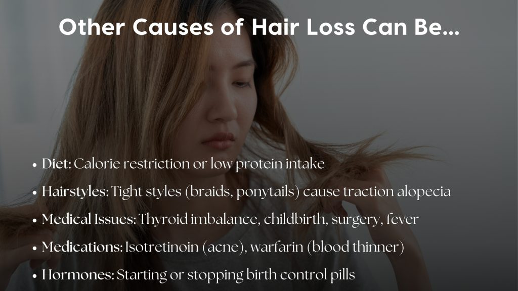 Informative visual listing other causes of hair loss beyond vitamin deficiencies, featuring a concerned woman examining her dry, damaged hair. The image highlights key factors contributing to hair shedding, including diet (calorie restriction or low protein intake), hairstyles (tight braids and ponytails causing traction alopecia), medical issues (thyroid imbalance, childbirth, surgery, fever), medications (such as isotretinoin for acne and warfarin as a blood thinner), and hormonal changes (starting or stopping birth control pills). This guide educates users on non-nutritional causes of hair loss and emphasizes the importance of identifying underlying triggers for proper hair care.
