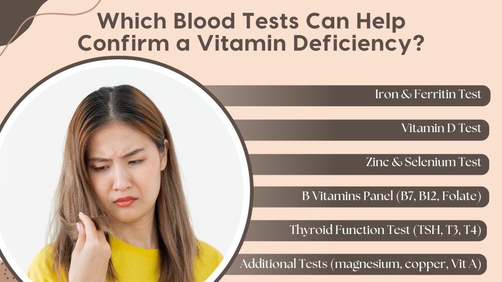 Informative infographic listing blood tests that help diagnose vitamin deficiencies, featuring a concerned woman examining her brittle hair. The image highlights essential tests, including the Iron & Ferritin Test (to check iron levels and prevent hair shedding), Vitamin D Test (for scalp and follicle health), Zinc & Selenium Test (to assess hair tissue repair), B Vitamins Panel (B7, B12, Folate for hair strength), Thyroid Function Test (TSH, T3, T4 for metabolic balance), and Additional Tests for magnesium, copper, and Vitamin A. This visual guide helps users understand how lab tests can diagnose deficiencies affecting hair loss and overall health.